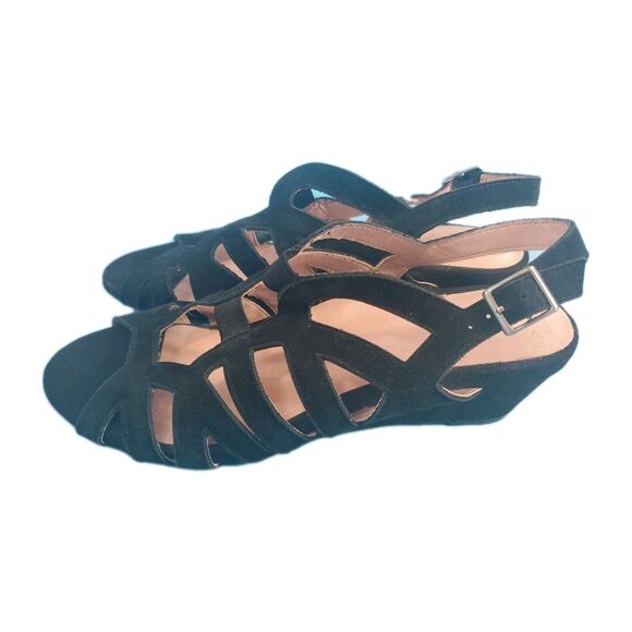 Tayran Sz 8 Wedge Sandal Strappy Slingback  Buckle Black Goth Preppy Summer - Picture 5 of 12